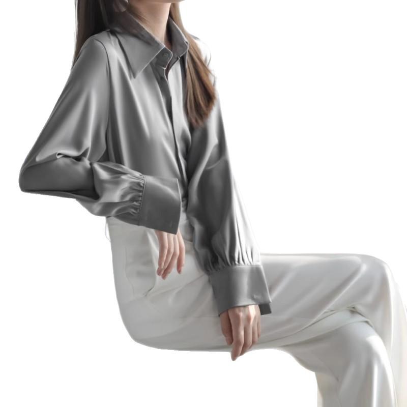 Women's Elegant Satin Long-Sleeve Shirt: Designer Style Acetate Top for Spring and Autumn