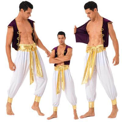 Men Arabian Prince Costume Cap Sleeve Vest Waistcoat with Bloomers Pants Sets Aldult Halloween Carnival Cosplay Outfits