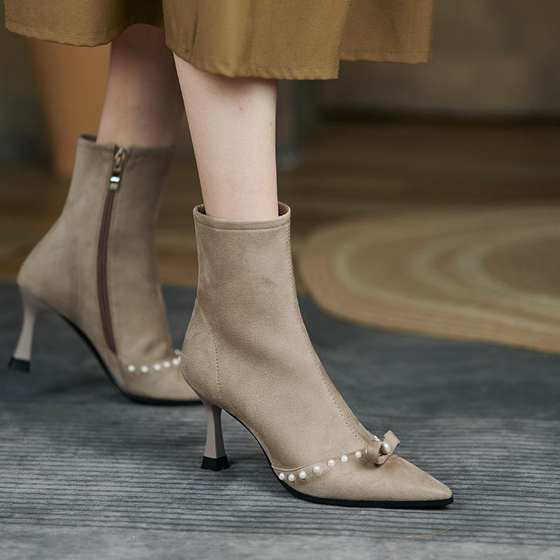 Light Luxury Pointed High Heel Short Boots Women's Pearl Black Suede Thin Heel Elastic Thin Boots Temperament Celebrity Boots Shoes