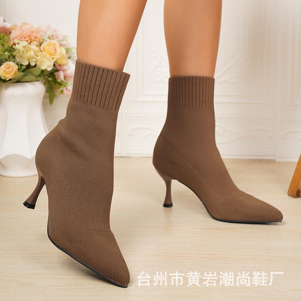 Ladies' Fashionable Knitted Hollow Out High-heeled Short Boots with Elegant Temperament, Soft and Elastic Fabric, Casual and Comfortable Jeans To Wear