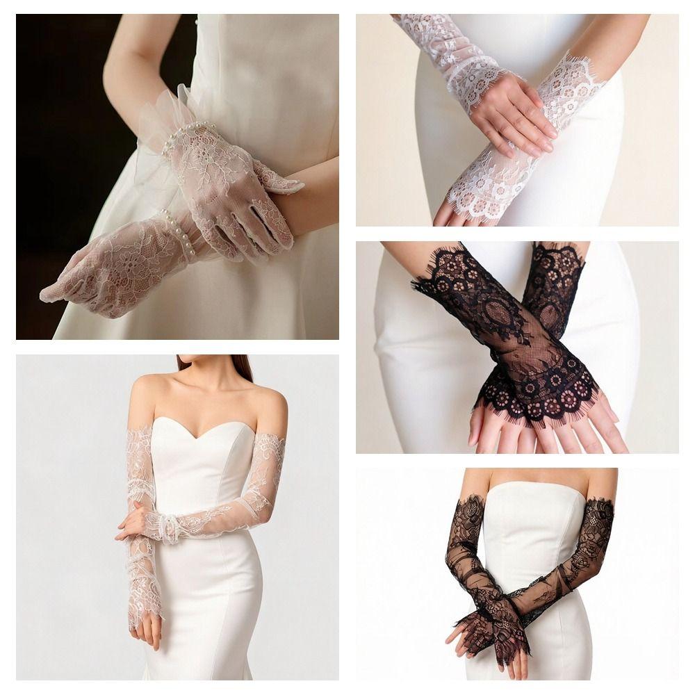 Mesh Bridal Arm Sleeves Pearls Decoration Wedding Gloves Flower Fingerless Lace Gloves Women