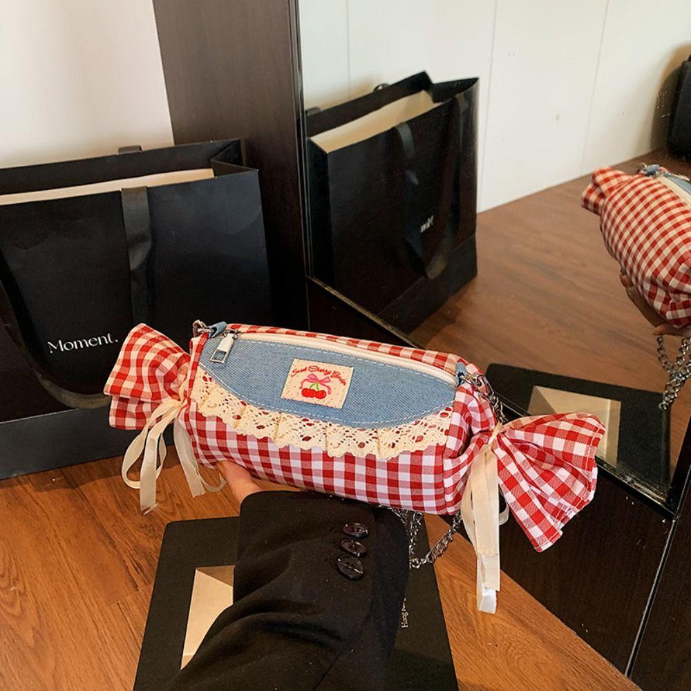 Cherry Red Plaid Crossbody Bag Canvas Denim Lace Shoulder Bag Literary Candy Shape Bag  Summer