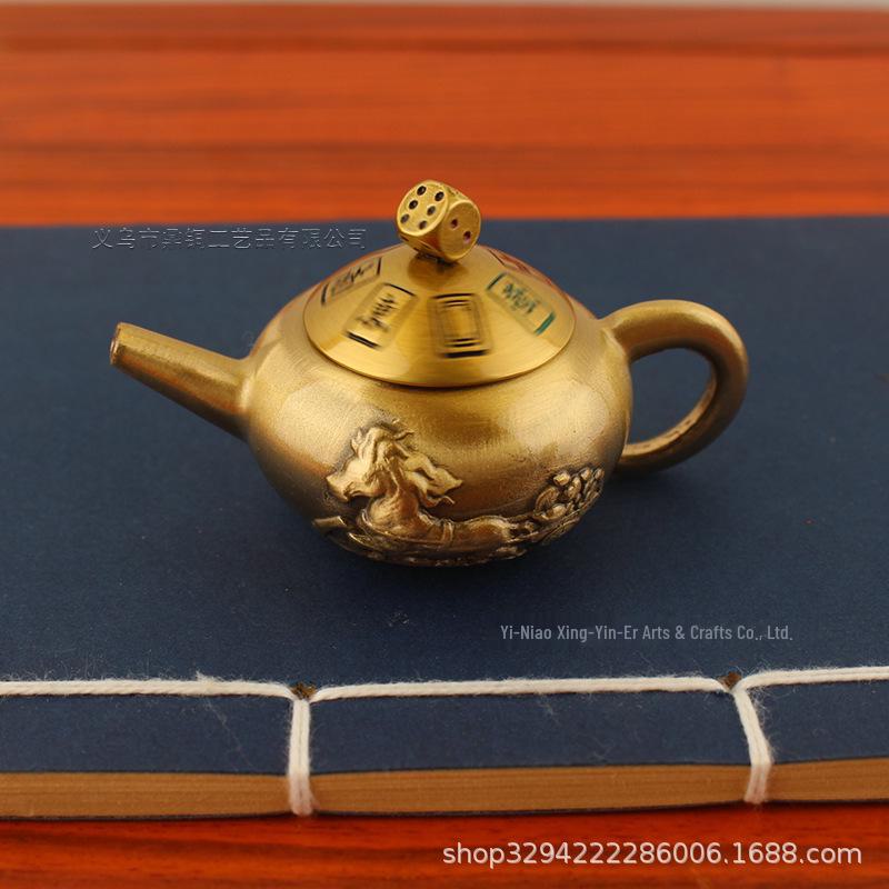 Brass Handle Rotating Dragon and Phoenix Mini Teapot for Mahjong Copper Crafts Gift