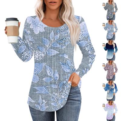 Women's Fashion Casual Pleated Round Neck Vintage Floral Print Long Sleeve T-Shirt Top