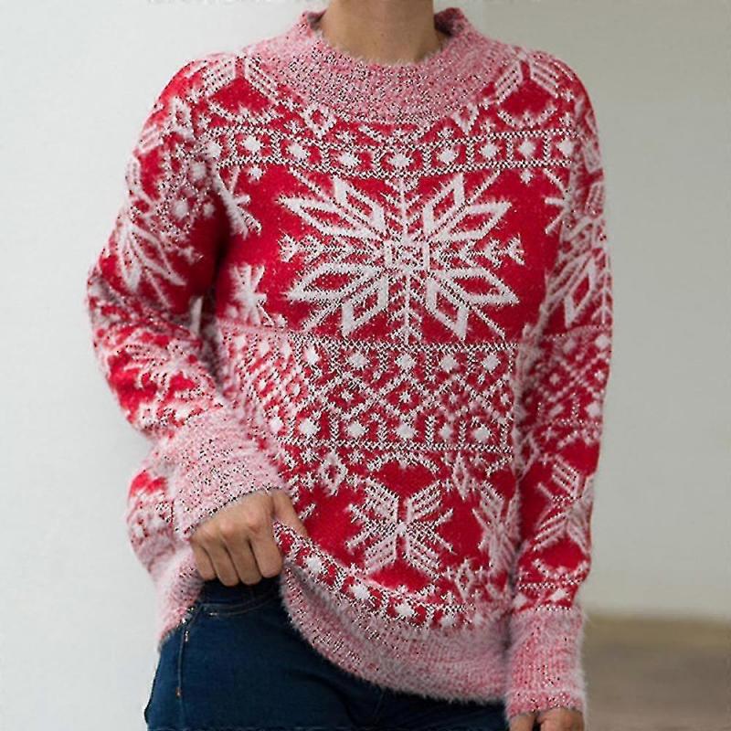 Weihnachtspullover Damen Weihnachtsschneeflocke Warmer Pullover Gestrickter Rundhals-Pullover