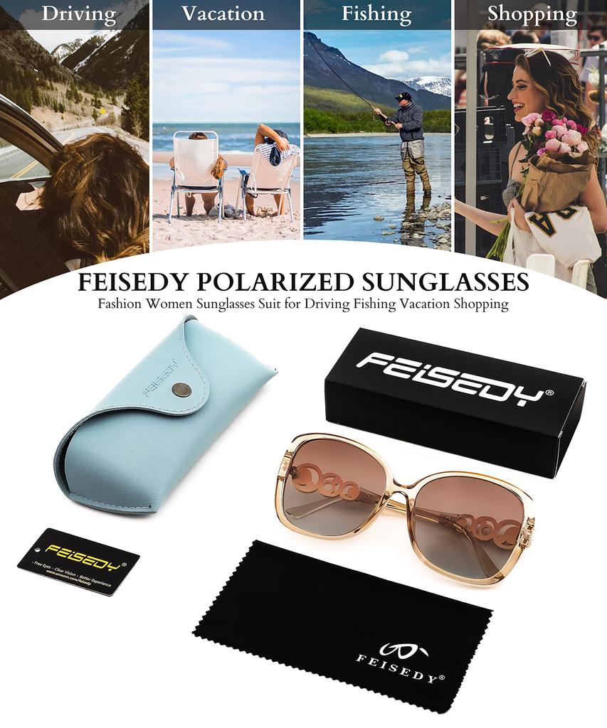 FEISEDY Polarized Pearl Sparkling Extra Large Fashion UV for B2821 Women's Sunglasses, Square, Frame, Designer, Protection, Sports, Fishing,