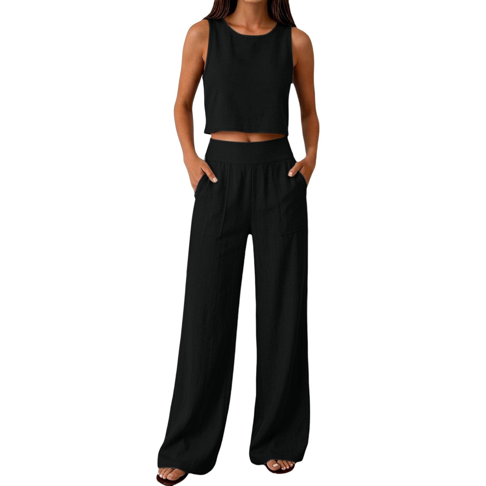 

Women s Fashionable Casual Round-Neck Sleeveless Two-Piece Set L чёрный