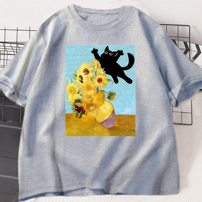 Vincent Van Gogh Cat Tshirt for Unisex Women Sunflowers Print Tshirt Funny Cute Cat Kitten T Shirt Cotton Short Sleeve Clothes