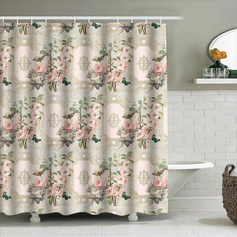 Vintage Floral Print Shower Curtain Pink White Green Decor Bath Rug Cover For Bathroom Size 72 X 84 Inches With Grommets Rustic