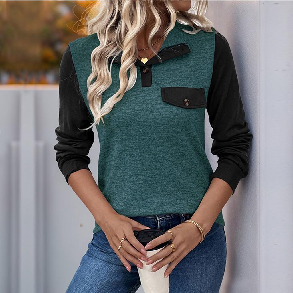 Women's Contrast Color Stitching Top Pullover Lapel Button Casual All-match Top