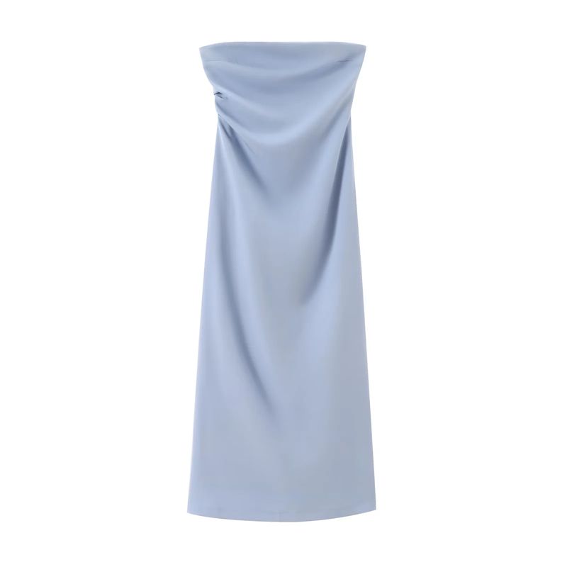 

Spring New Western Style Temperament Slim fit Straight Collar Strapless Design Tube Top Midi Dress 2698707 Light blue L