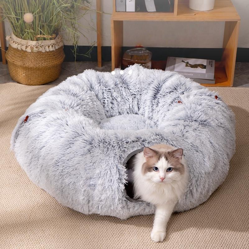 Foldable Plush Cat Tunnel Bed: Insulated Winter Cat Cave with Peek-Holes, Convertible Snuggle Pod for Indoor Cats