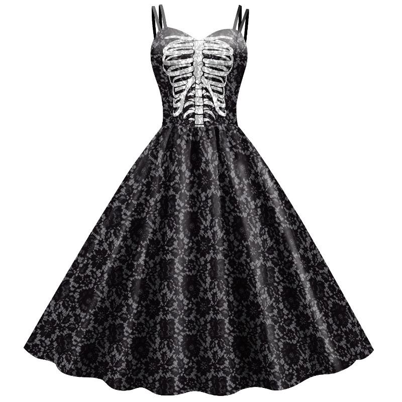 Source Women's Dress Halloween New Dress Suspender Skeleton Skull Head Digital Printing Dress Women