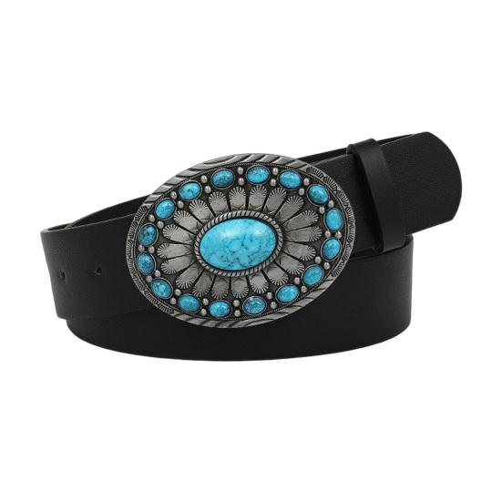Western Belt Retro Turquoise Design Distressed Silver Buckle Faux Leather Wide Navajo Ethnic Style