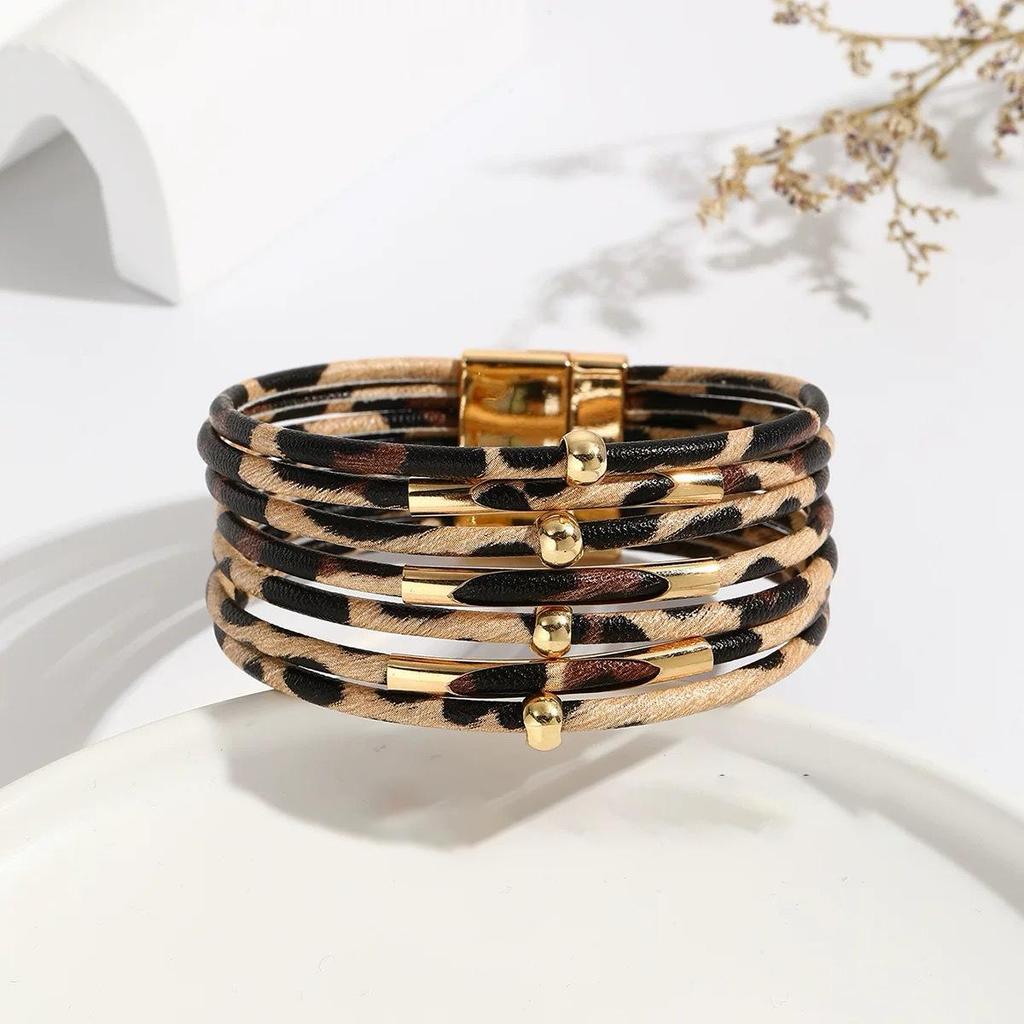 Vintage Leopard Print Leather Open Bangle: Elegant Multi-Layer Bracelet for Women’s Fashion