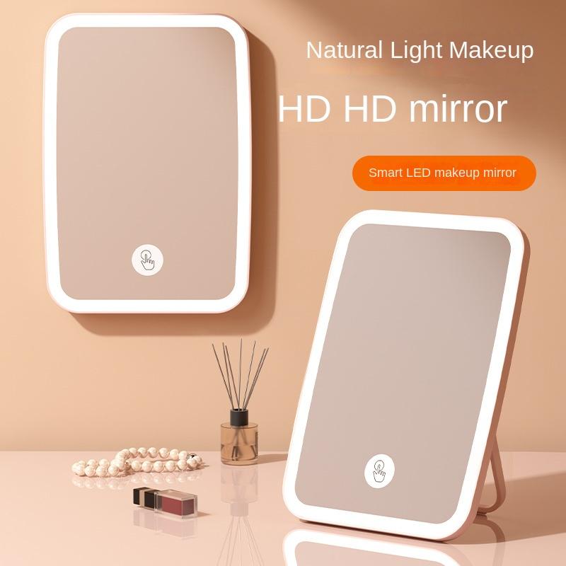 LED Vanity Mirror with USB Charging, Foldable Desktop Mirror for Dorm Room Office Makeup, 3 Color Lights, Storage Base