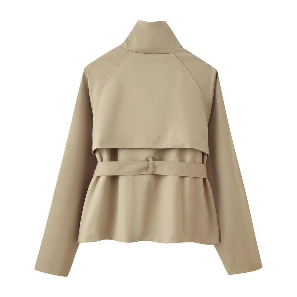 Europäischer und Amerikanischer Damen Doppelreiher Trenchcoat mit Bindegürtel Lässige Kurze Jacke