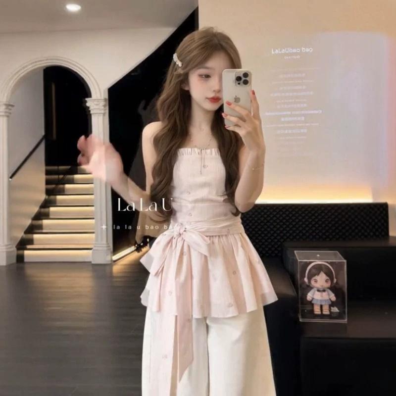 Especially Beautiful Waist Pinched Pink Striped Tube Top Women's Summer Lace-up Waist Thin Girl Off-the-shoulder T-shirt