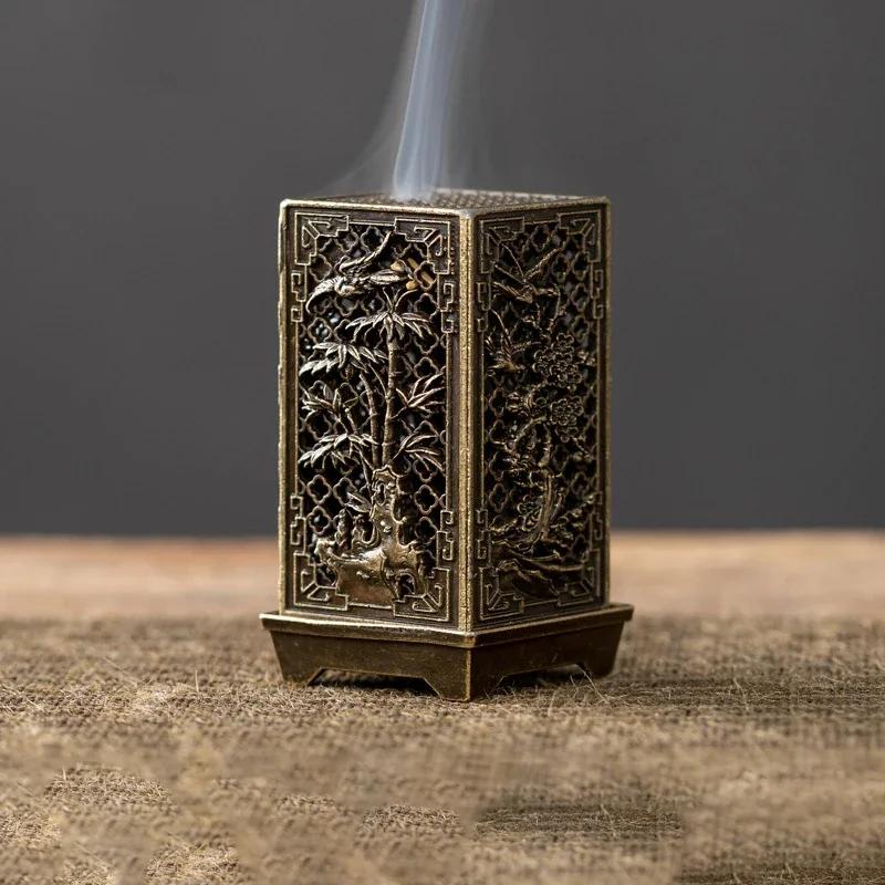 Vintage Carved Plum Incense Burner Square Vertical Alloy Incense Holder Buddhist Craft Chinese Antique Aromatherapy Zen Ornament