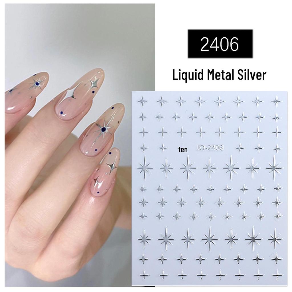 Chrome Hearts Liquid Metal Silver Nail Art Stickers: Heart & Star Designs