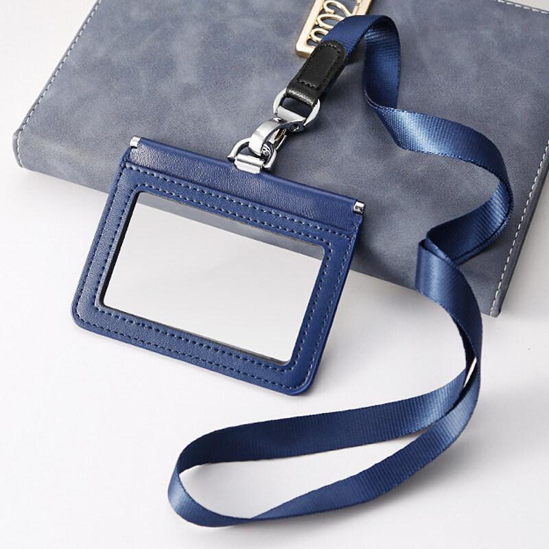 2-Sided Transparent Window Badge Holder ID Business Work Card Holders Genuine Leather Card Case with Lanyard (Can Hold 4 Cards )