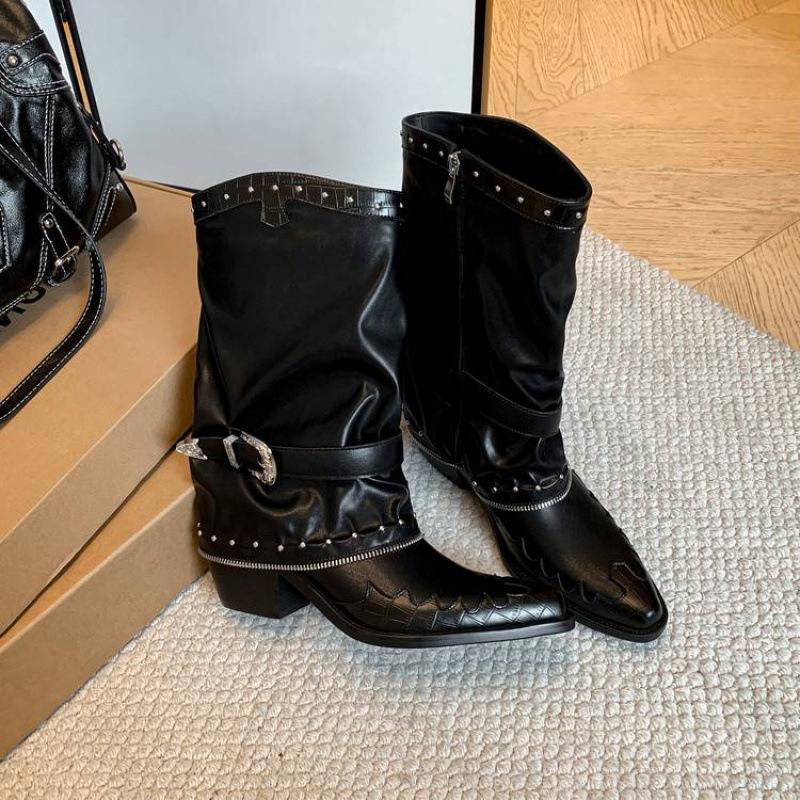 

Autumn and winter women s leather boots medium heel large size medium boots solid color pointed new side zipper square heel versatile Martin boots 39 чёрный