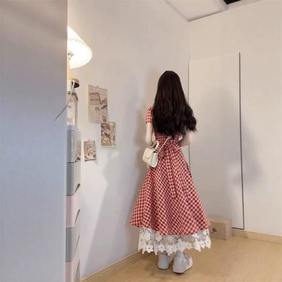 Large size French sweet first love plaid short-sleeved dress women's summer fat MM cover belly and look thin A word medium and long dress