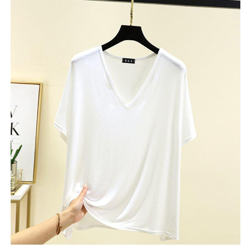 

Modal V Neck Short Sleeve Tops Women s Summer Thin Cool Bottoming Shirt Plus Size Loose Chubby Girl Easiest for Match Cotton T-shirt White Free size (recommended 45.00 kg-75.00 kg