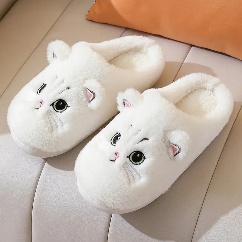 Winter Home Slippers Women Shoes Cute Cartoon Cat Slippers Men Warm Plush Slides Indoor Bedroom Non-Slip Floor Slipper