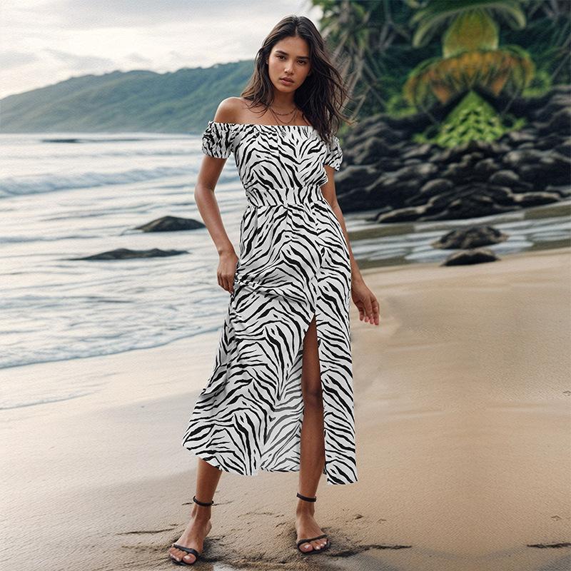 

Женская мода на лето и весну с принтом зебры и коротким рукавом на одно плечо с высокой талией повседневные платья XL абрикосовый
