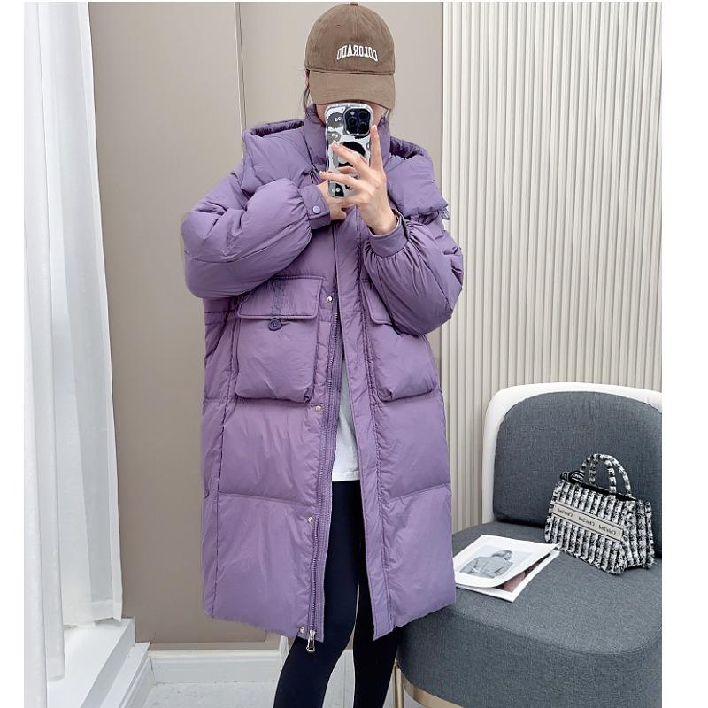 Down jacket women's medium and long knee winter new waist fashion loose thickened hooded white duck down