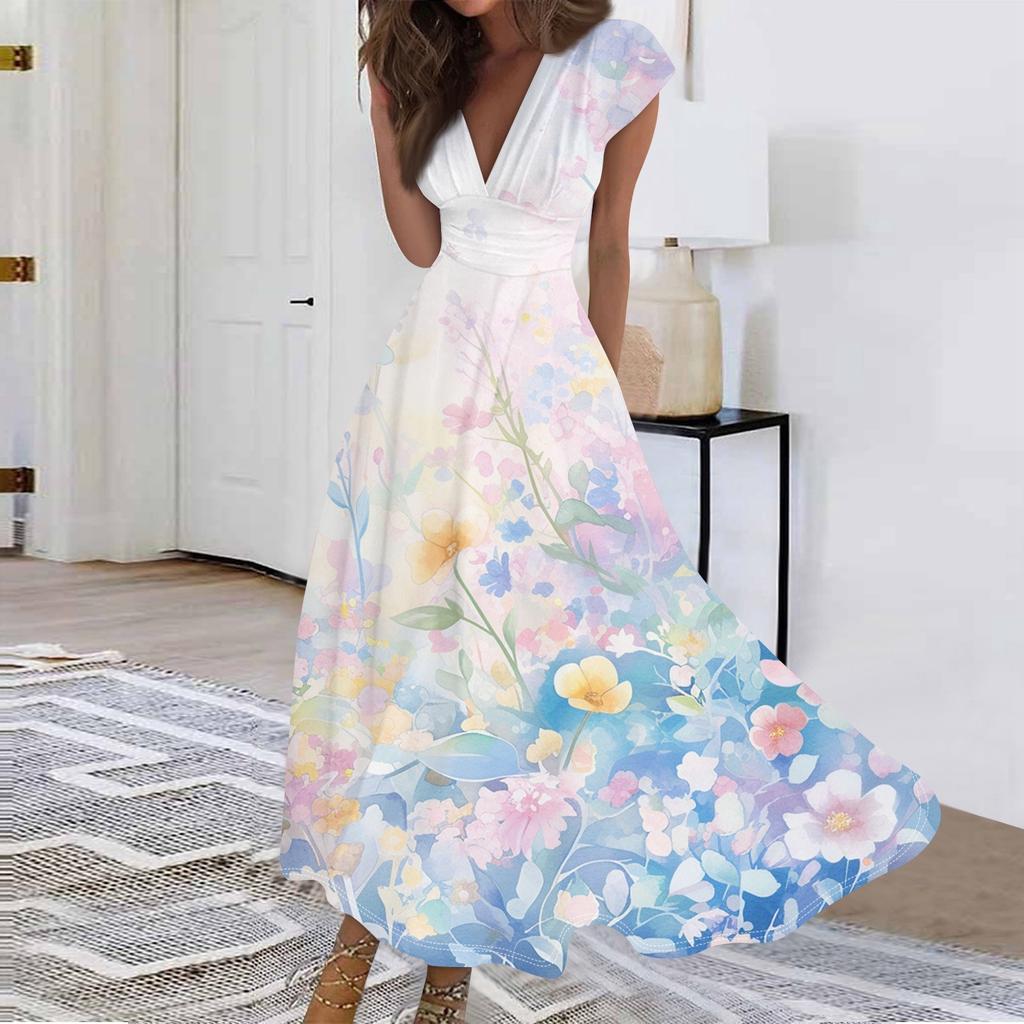 Women's Long Casual Dress Summer Short-Sleeve V-Neck Waist Retraction Printed Dress