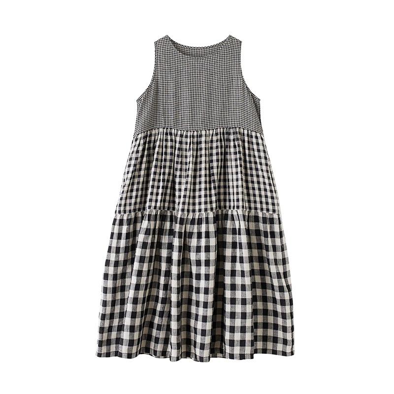 Small Medium and Large Gradual Change Splicing Plaid Vest Skirt Women's Summer New Loose Round Neck Sleeveless Dress