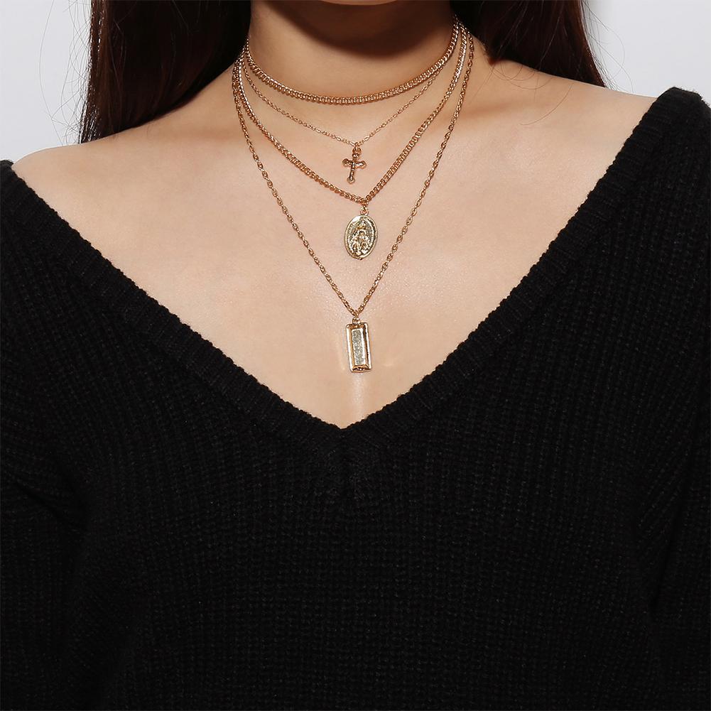 Vintage Exaggerated Personality Alloy Virgin Mary Cross Multilayered Pendent Necklace Birthday Gifts for Women, Girls, Mother