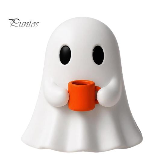 Decorazione Casa di Halloween Fantasma che Beve Caffè Statuetta, Stampato 3D Carino Bianco Che Tiene Una Tazza Statua Stagionale Autunnale, Decorazione Spettrale per Bar, Banconi,