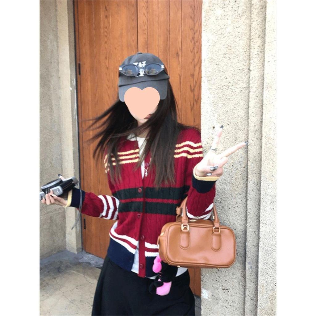 Korean Style Retro Striped Cardigan Sweater - Color Block Spring Jacket 2025