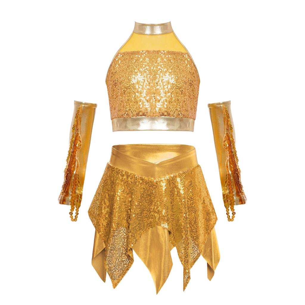 Girls Jazz Sleeveless Keyhole Back Sequins Crop Top Asymmetric Metallic Skirt Sequined Tassels Gloves Set