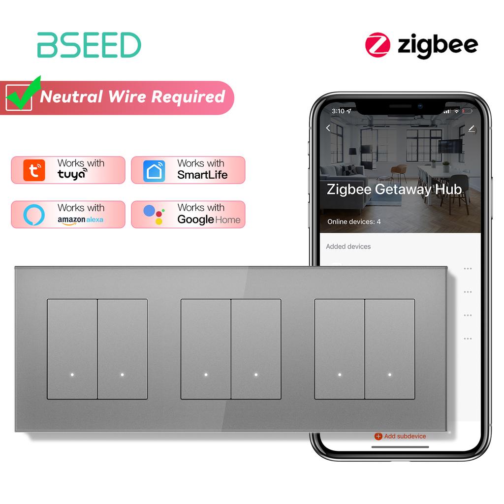 BSEED ZigBee Click Switches Series Wall Smart Click Light Switches Yellow Backlight Glass Frame Tuya APP Switch EU Standard