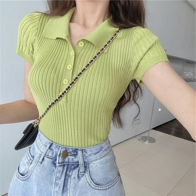 Yaz İnce Kısa Kesim Üst Retro Küçük Yaka Kısa Kollu Örme Tişört Kadın Günlük Temel Konfor Tarzı Slim Fit Kazaklar Tişörtler