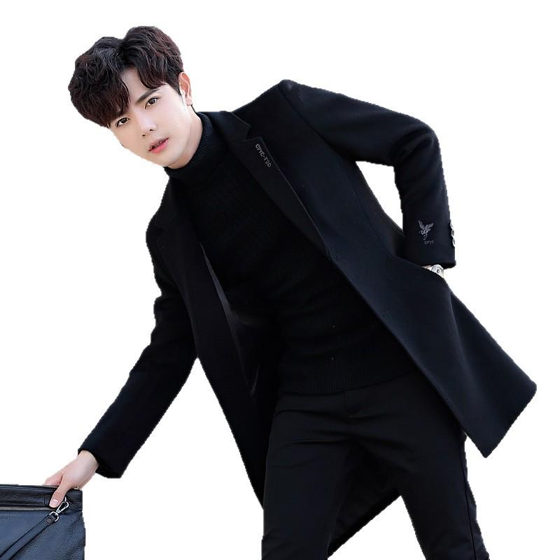 Men's Mid-Length Korean Style Woolen Coat with Velvet Lining - Winter Windbreaker, British Style Jacket for Youth