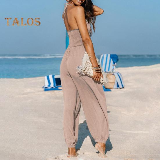 Women's Halter Maxi Jumpsuit Pleated Deep V Neck One Piece Jogger Long Pants with Pockets Casual Beach Sleeveless Rompers