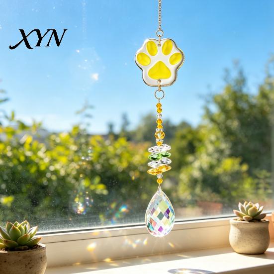 Wind Chime Pendant Crystal Cat Paw Chimes, Suncatchers for Windows Hanging, Multi-color Beaded Prism Rainbow Maker Indoor Outdoor Home Garden