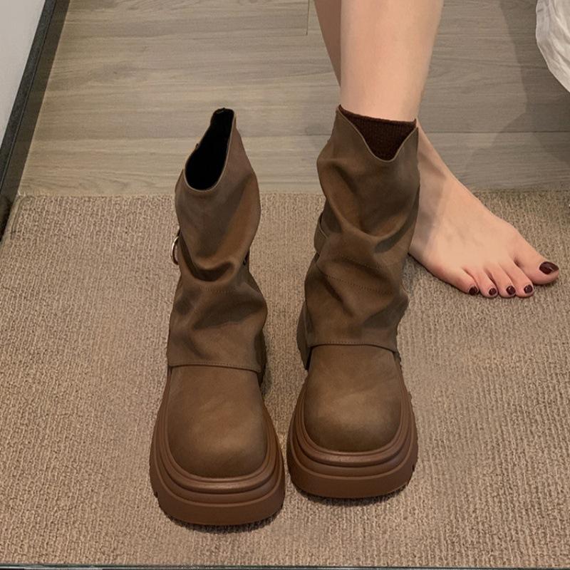 

Брюки-ботинки женские 2025 ранняя осень новая мода ретро толстый каблук жареные уличные ботинки-локомотивы осень толстая подошва Мейяр короткие ботинки 40 коричневый