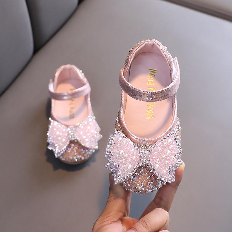 

2025 Spring/Summer Girls Korean Style Rhinestone Bow Square Toe Leather Dance Shoes 21-25 full set 5 pairs