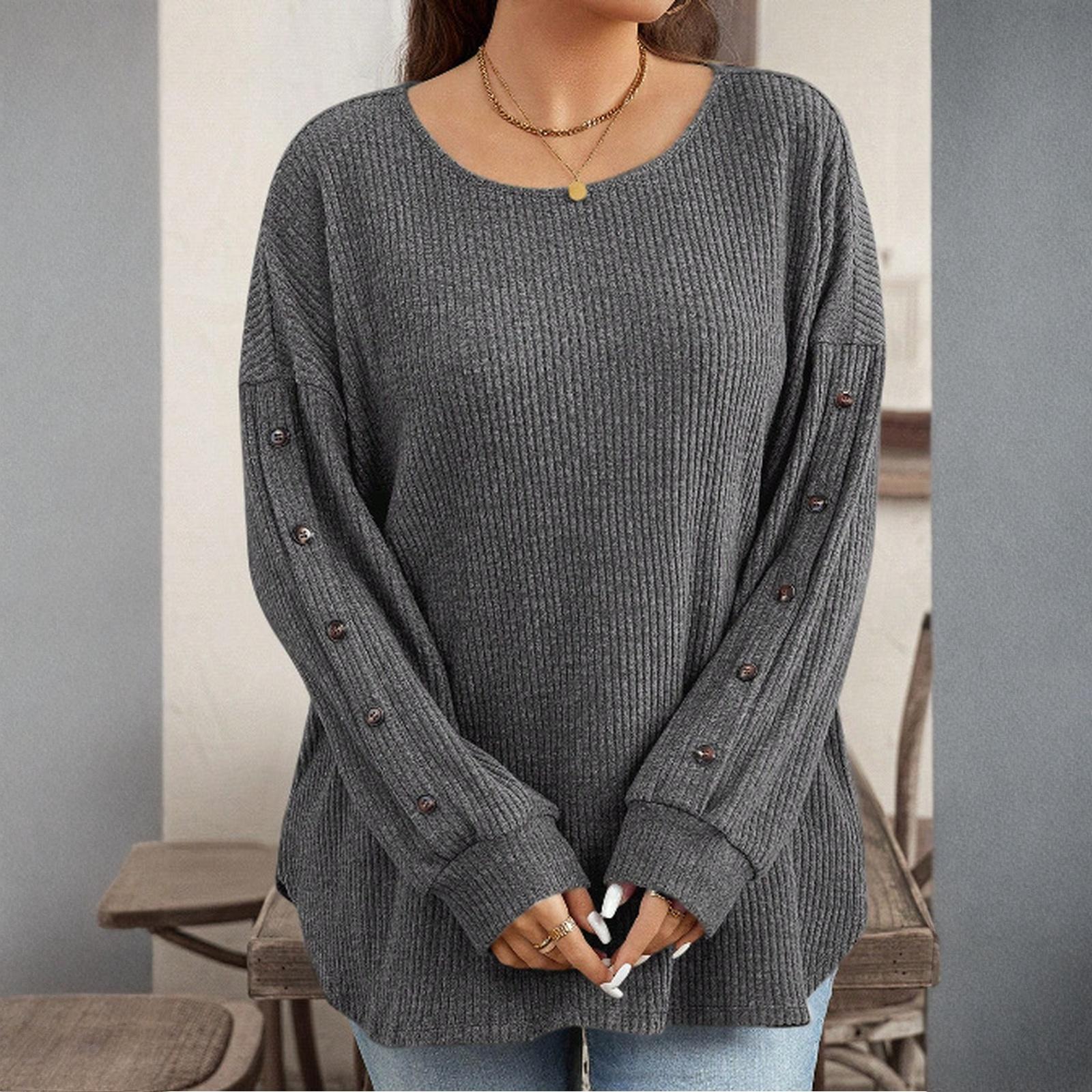 Women s Fashionable Loose-fitting  Sleeve Round Neck Buttoned Cuff Pullover Top M