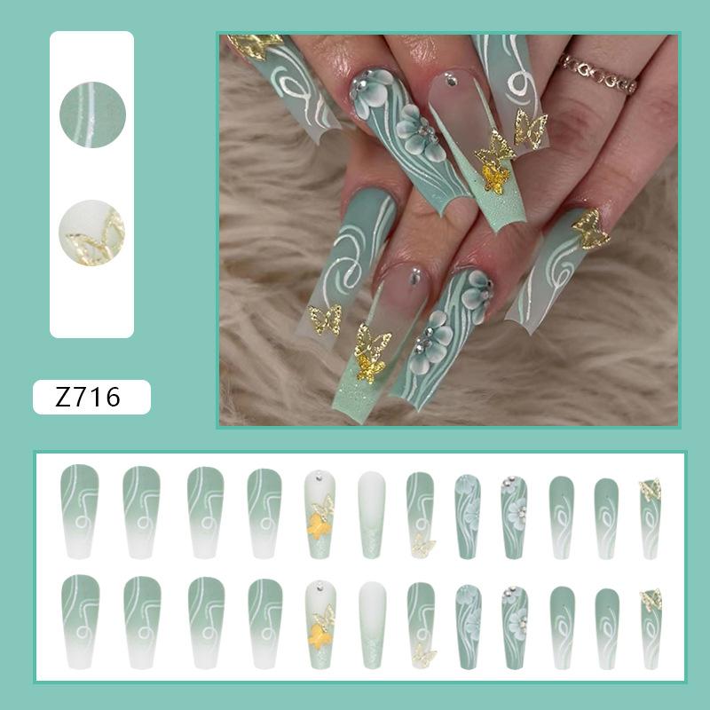 Long ballet nail matcha green gradual change curve flower golden butterfly diamond wearing nail summer new product