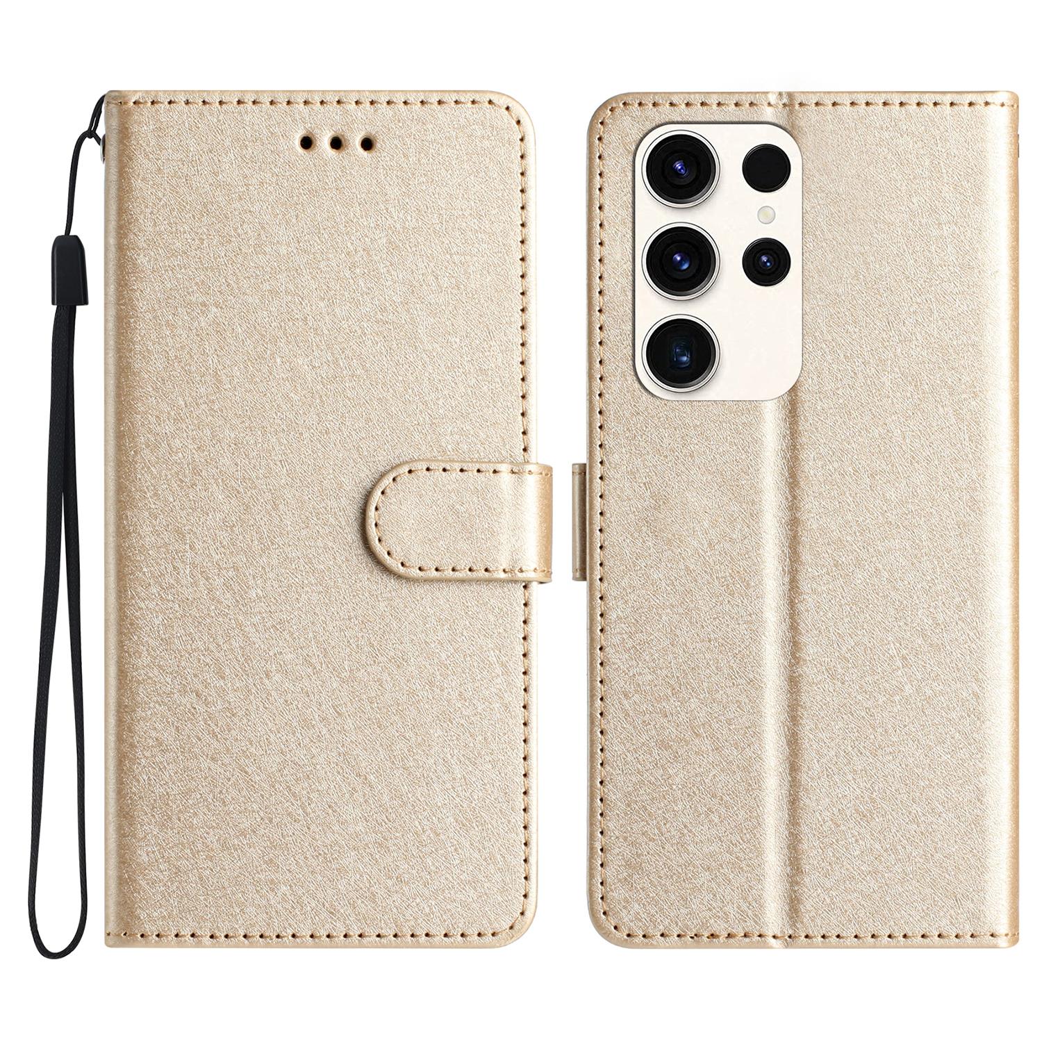 

For Samsung Galaxy S24 Ultra Case Silk Texture PU Leather Wallet Phone Cover with Strap Gold