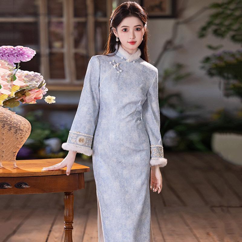 Blue velvet winter clothing national style new Chinese long-sleeved improved cheongsam winter thick young women's high-end sense retro