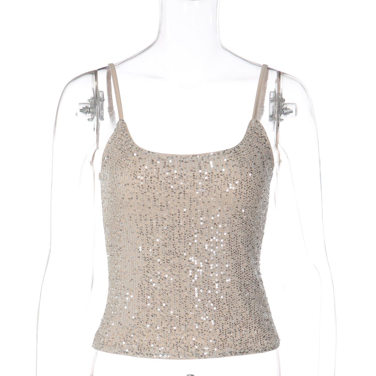 Women European Style Sexy Sequined Slim Fit Cropped Cami Tank Top S