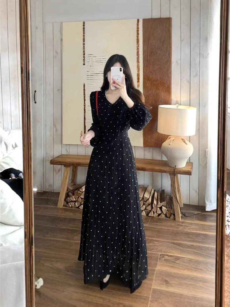 Plus Size Women s Hepburn Style Starry Floral Slimming Long Sleeve Dress 3XL